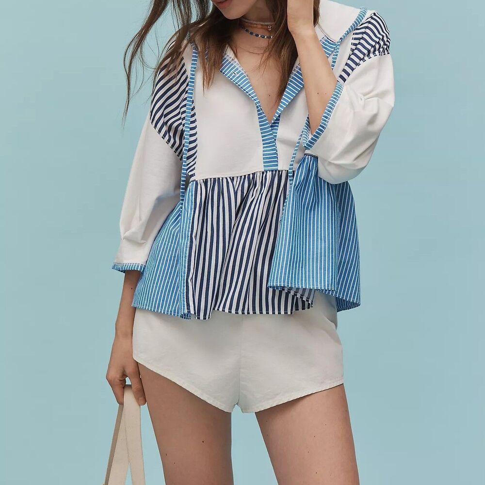 By Anthropologie Half-Sleeve Swing Blouse Top Hoodie Striped Oversized S 291373